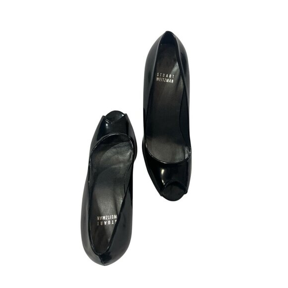 Stuart Weitzman Peep Toe Block Heel Size 8.5 M Black Patent Leather - Picture 4 of 8